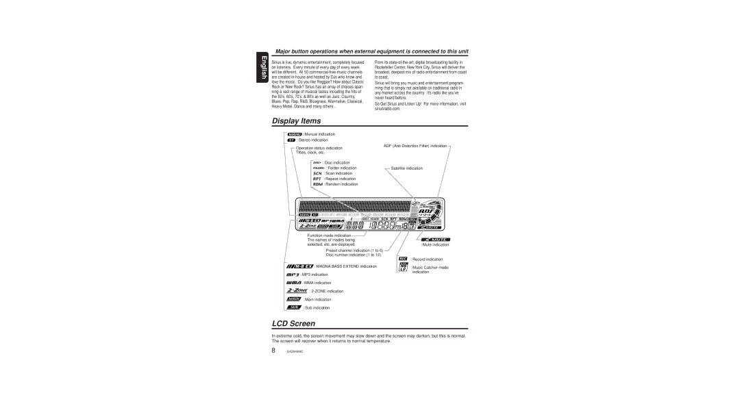 Clarion DXZ845MC owner manual Display Items, LCD Screen 