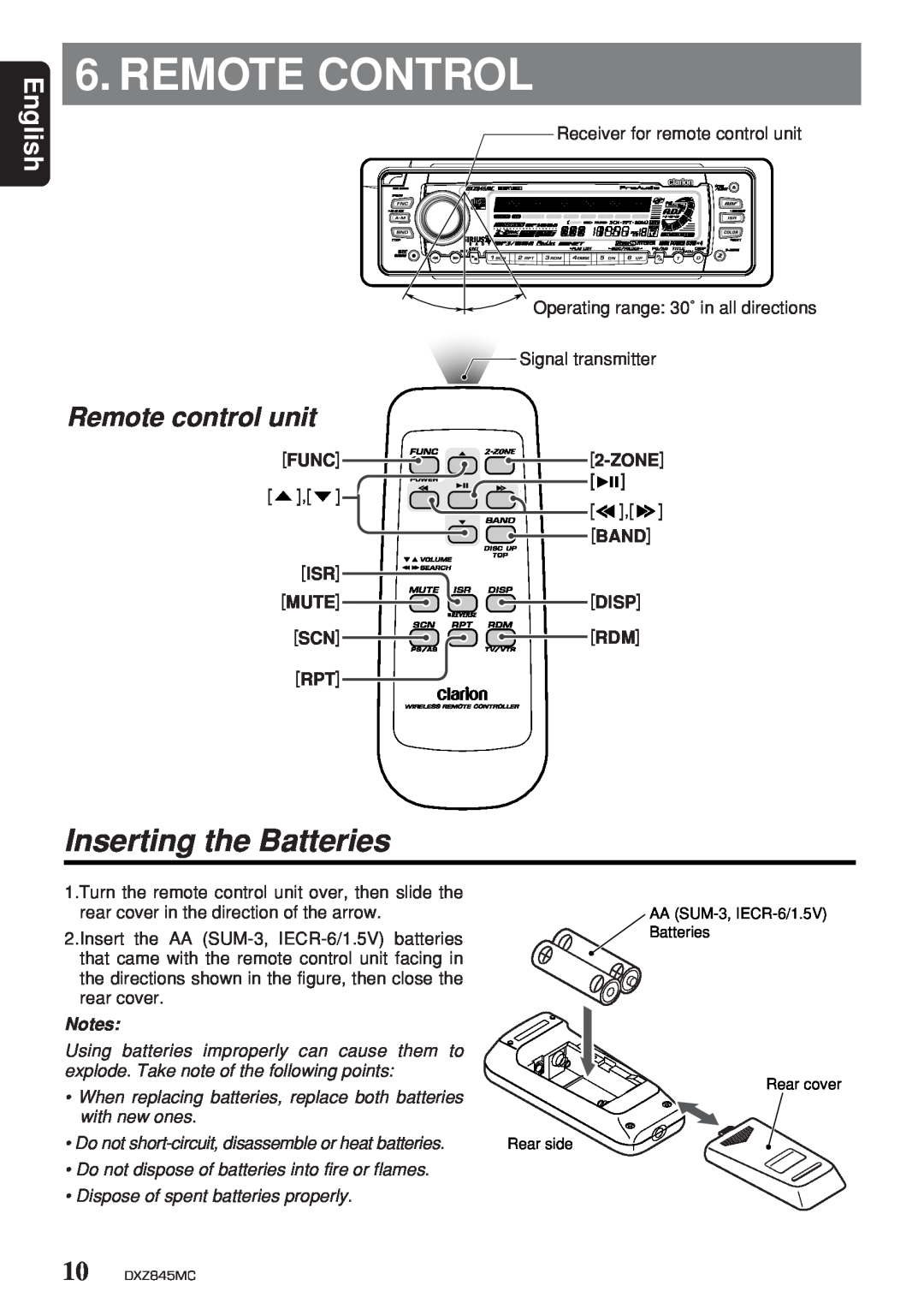 Clarion DXZ845MC Remote Control, Inserting the Batteries, Remote control unit, English, Func, Zone, Band, Mute, Disp 