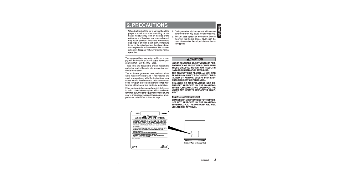 Clarion DXZ845MC owner manual Precautions, Information For Users 