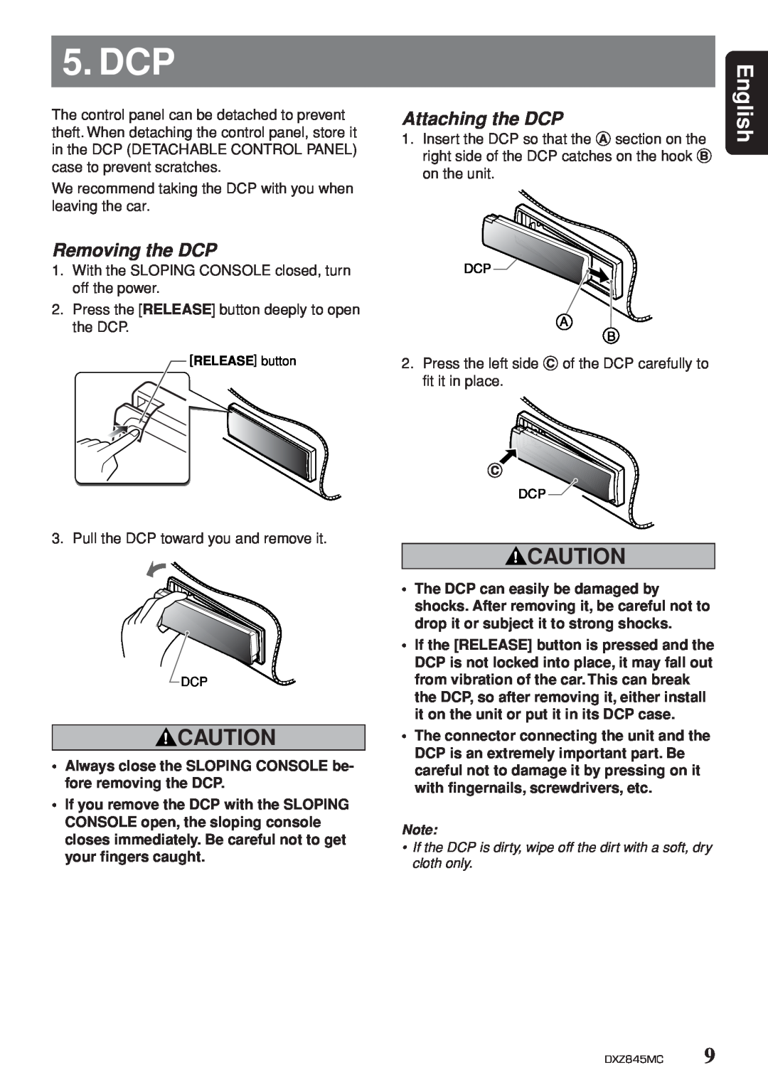 Clarion DXZ845MC owner manual Dcp, Removing the DCP, Attaching the DCP, English 