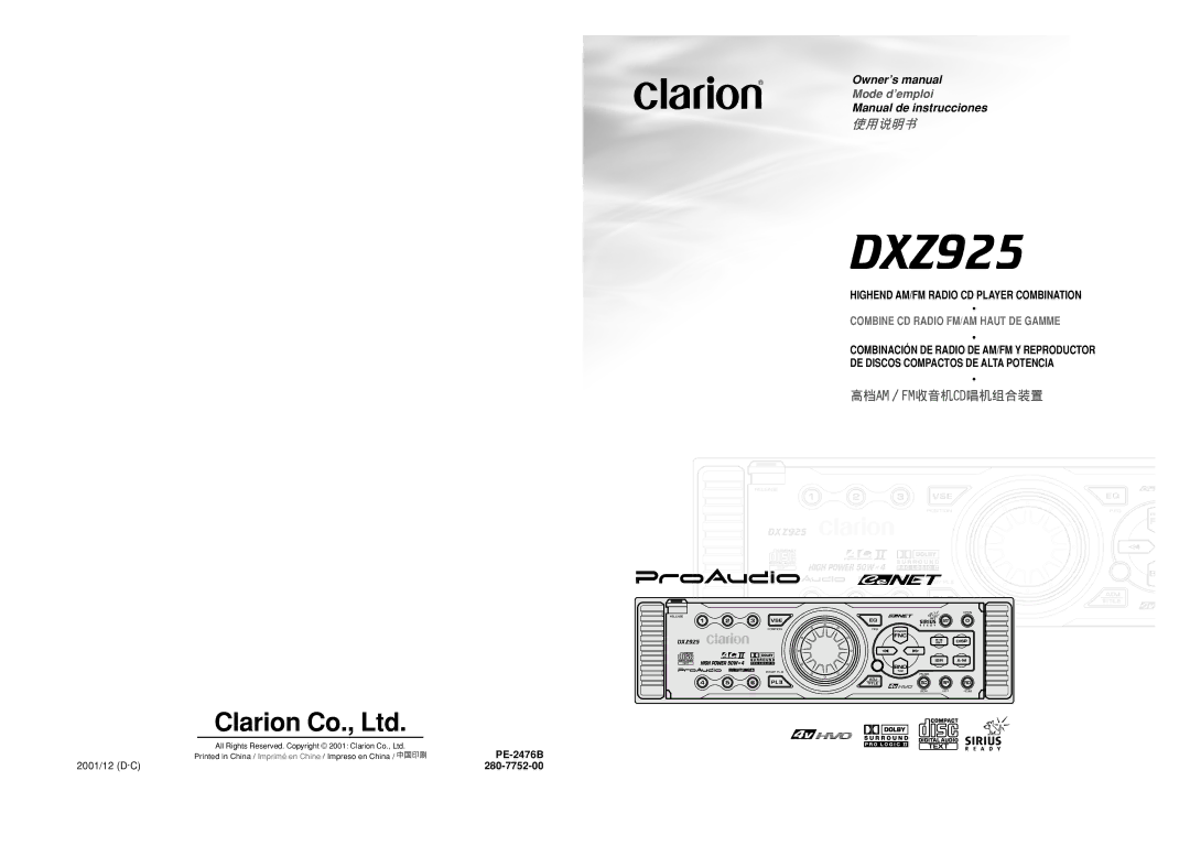 Clarion DXZ925 owner manual 2001/12 D·C, PE-2476B 