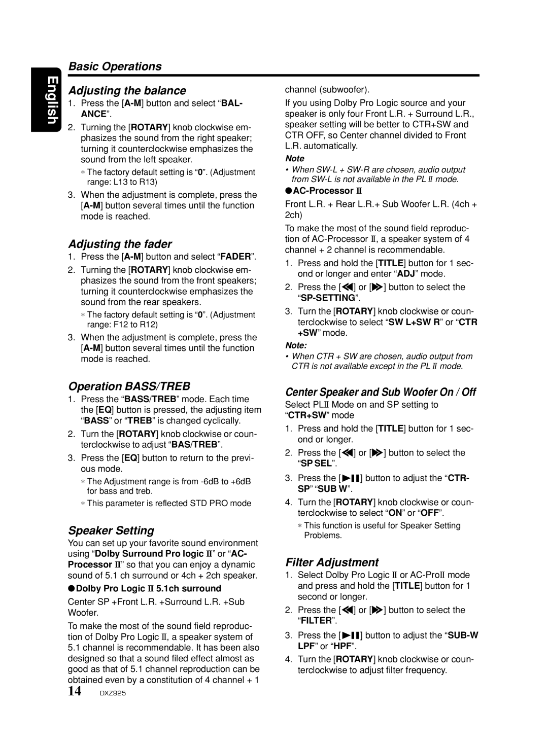 Clarion DXZ925 Basic Operations, Adjusting the balance, Adjusting the fader, Operation BASS/TREB, Speaker Setting 