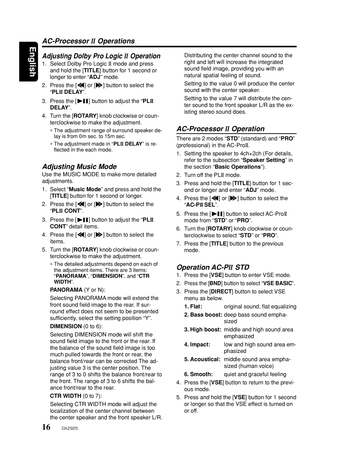 Clarion DXZ925 owner manual AC-Processor II Operations, Adjusting Dolby Pro Logic II Operation, Adjusting Music Mode 