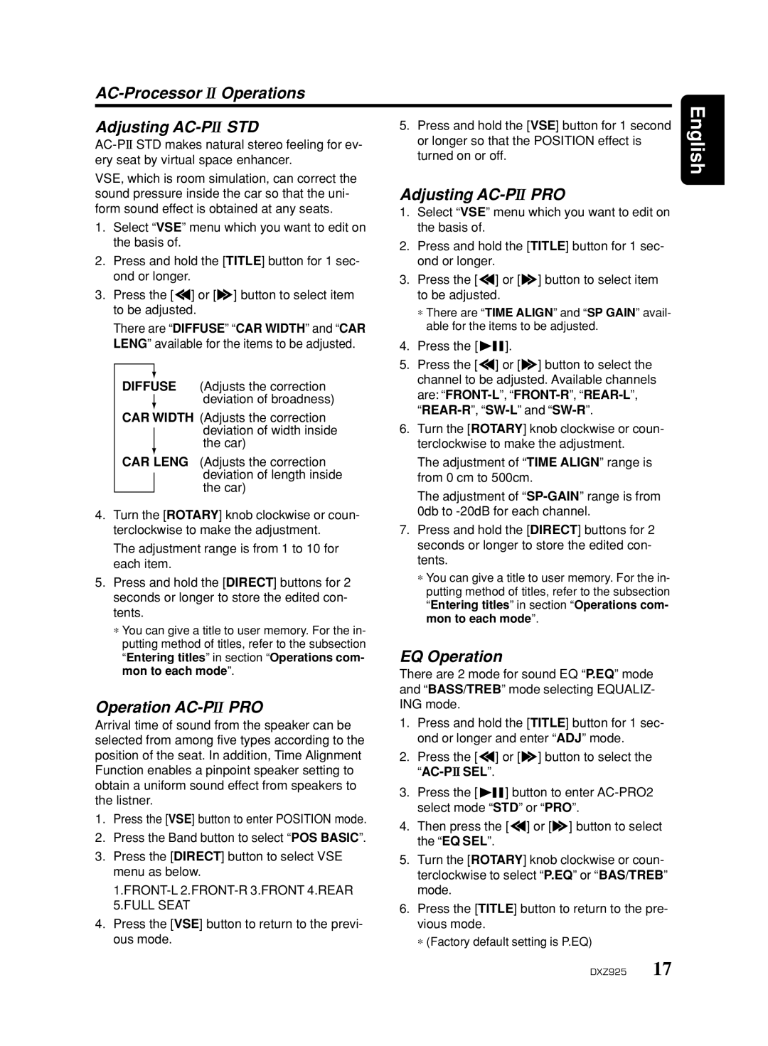 Clarion DXZ925 AC-Processor II Operations Adjusting AC-PIISTD, Operation AC-PIIPRO, Adjusting AC-PIIPRO, EQ Operation 