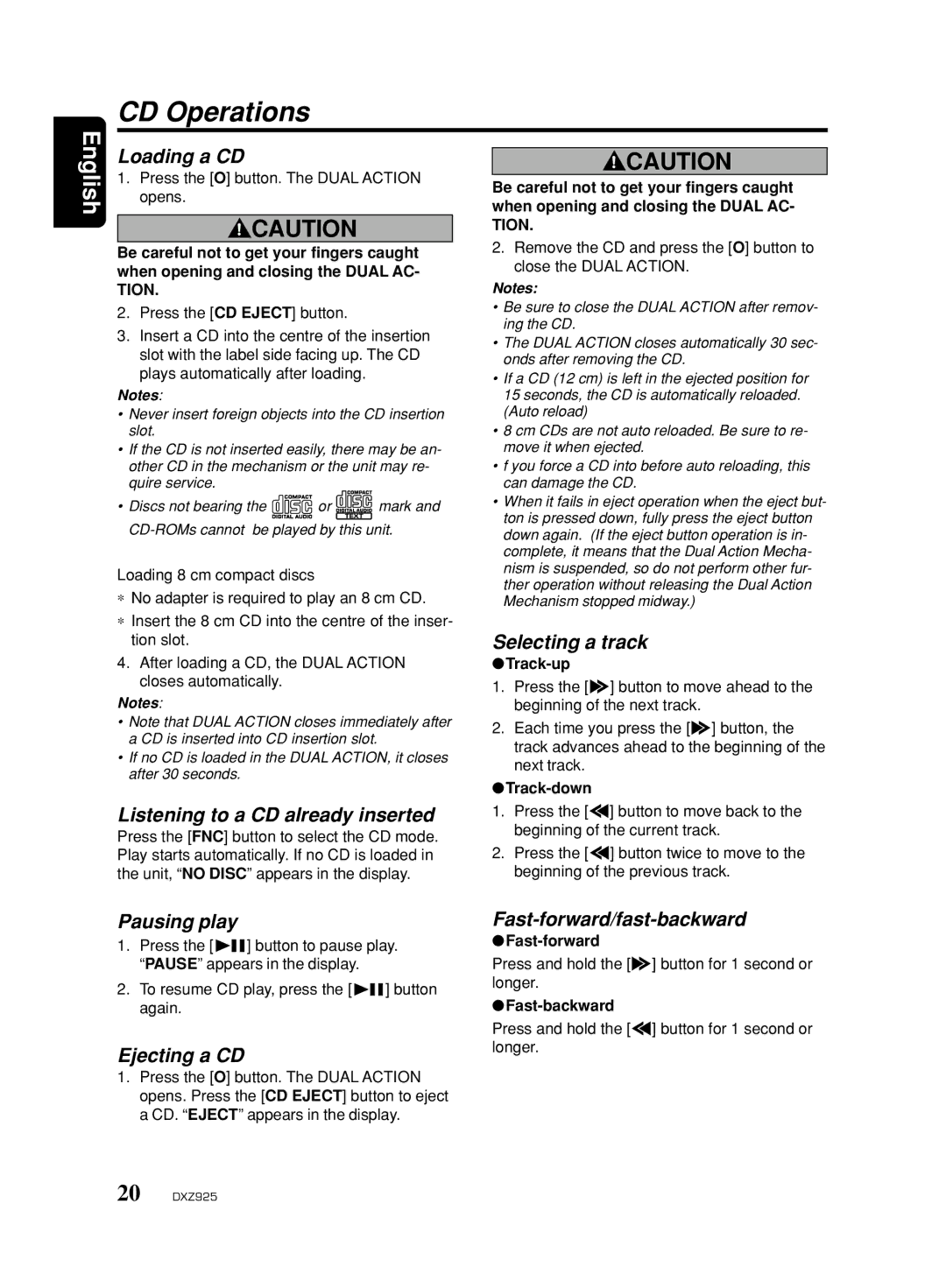 Clarion DXZ925 owner manual CD Operations 