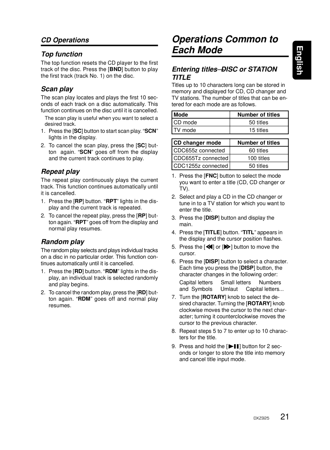 Clarion DXZ925 owner manual Operations Common to Each Mode 