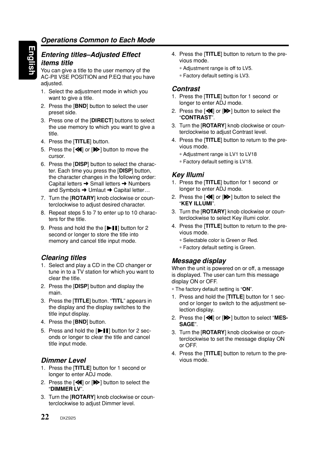 Clarion DXZ925 Operations Common to Each Mode, Entering titles-Adjusted Effect items title, Contrast, Key Illumi 