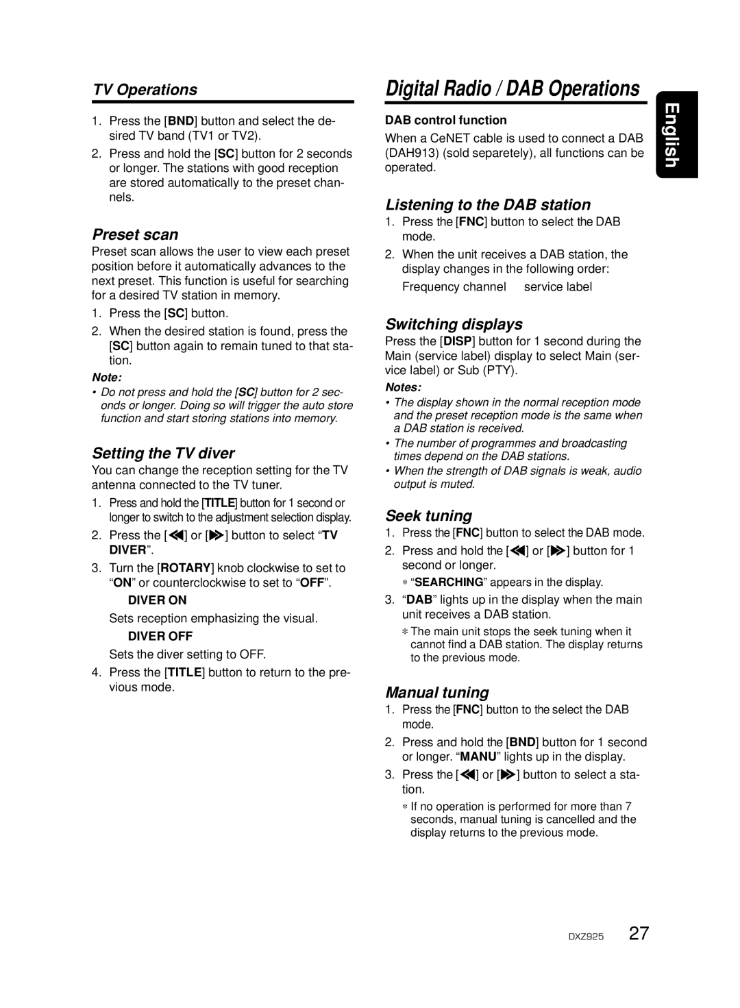 Clarion DXZ925 owner manual TV Operations, Setting the TV diver, Listening to the DAB station, Switching displays 