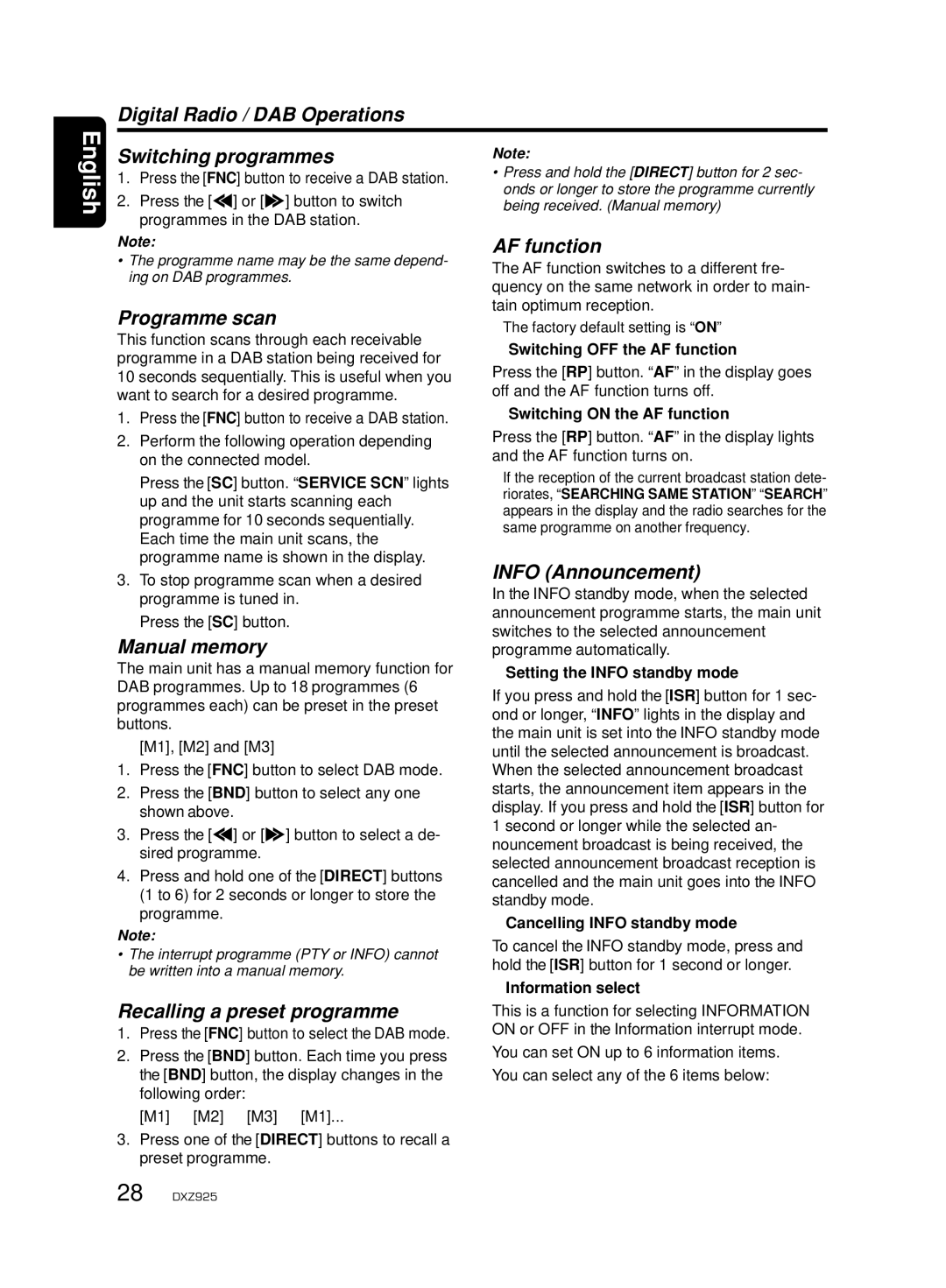 Clarion DXZ925 Digital Radio / DAB Operations Switching programmes, Programme scan, AF function, Info Announcement 