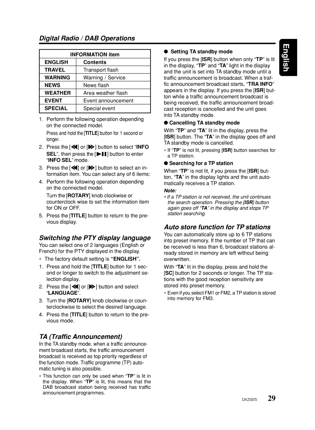 Clarion DXZ925 owner manual Digital Radio / DAB Operations, Switching the PTY display language, TA Traffic Announcement 