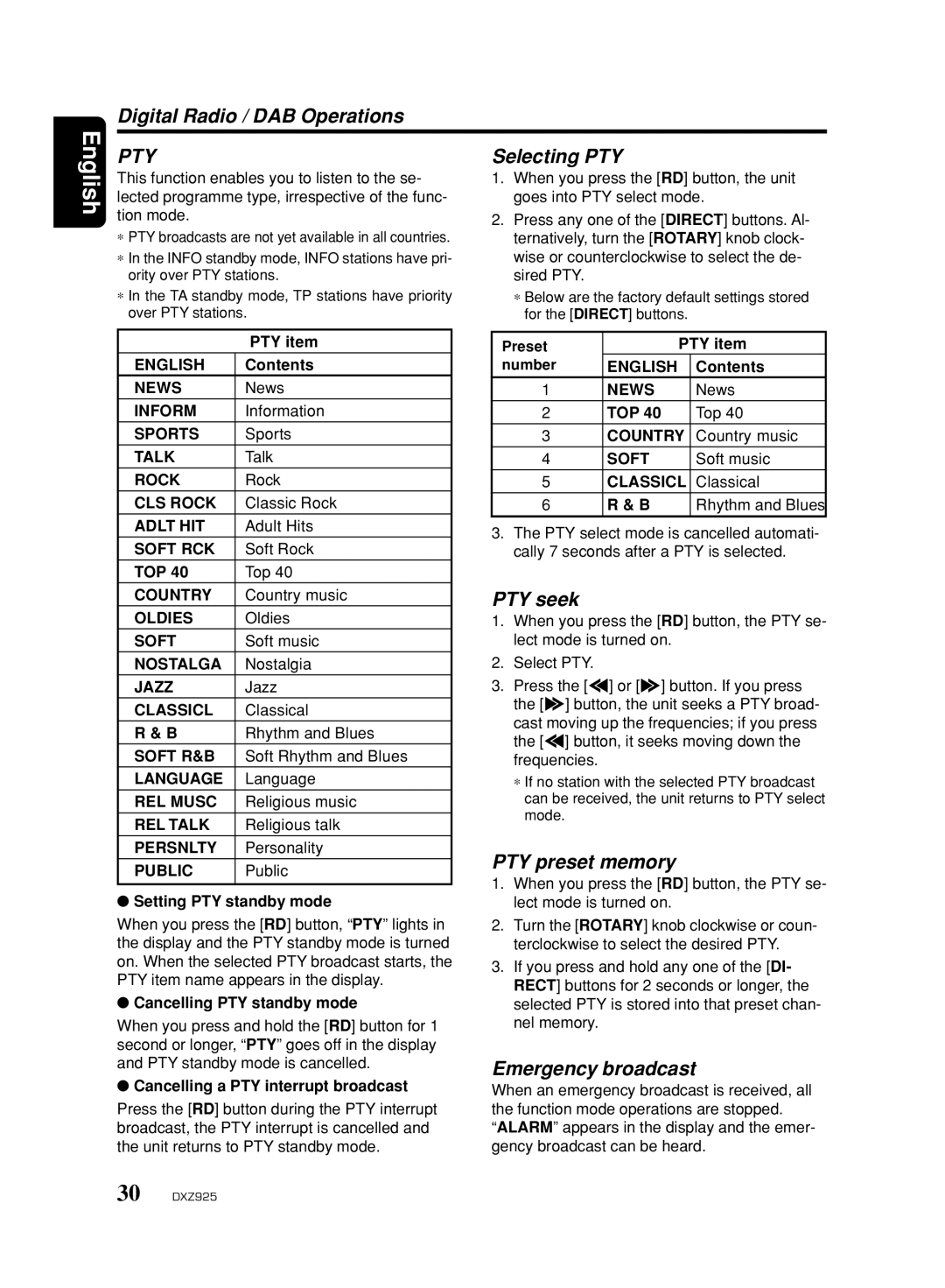 Clarion DXZ925 owner manual Selecting PTY, PTY seek, PTY preset memory, Emergency broadcast 