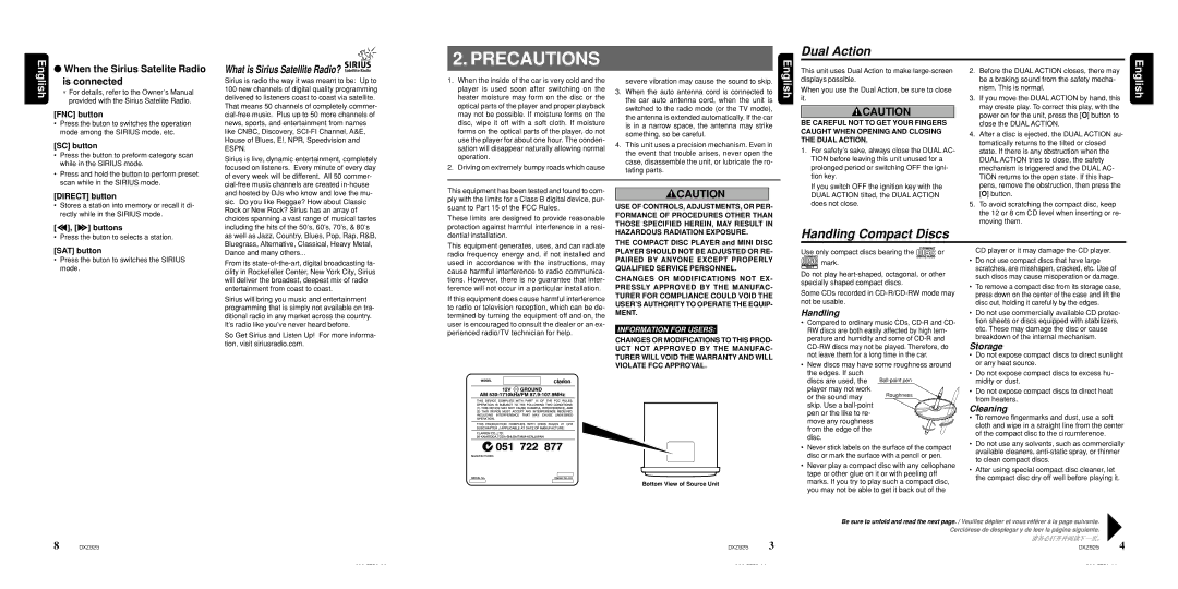 Clarion DXZ925 owner manual Precautions, Dual Action, Handling Compact Discs 