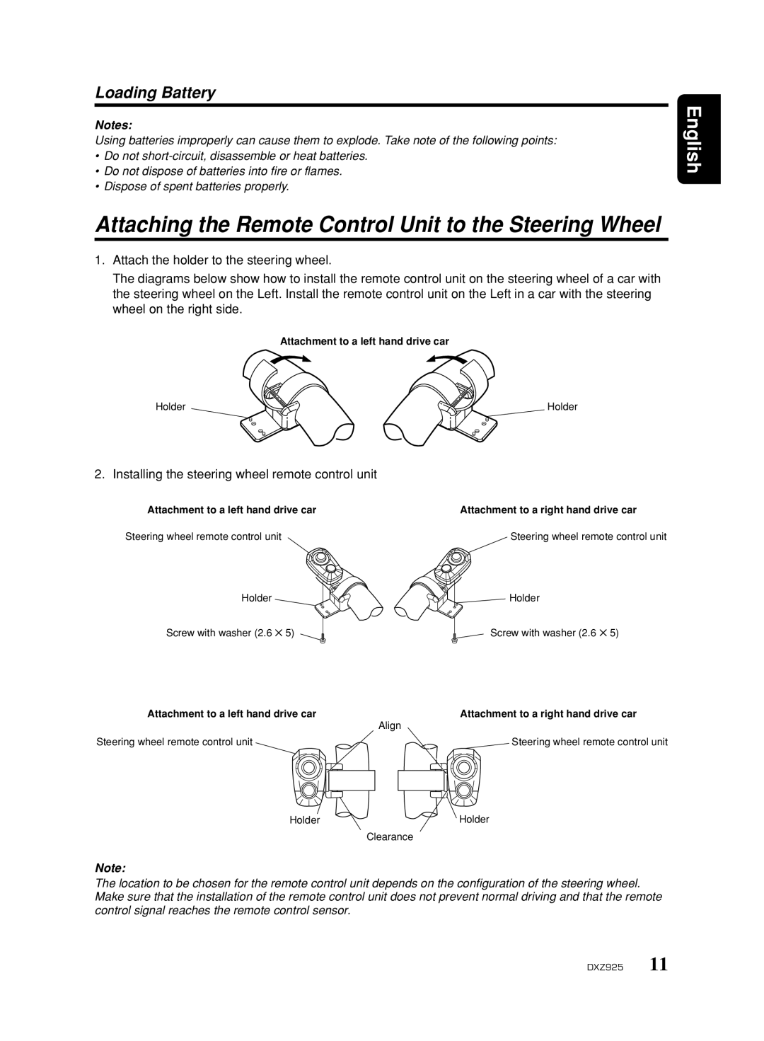 Clarion DXZ925 owner manual Loading Battery, Installing the steering wheel remote control unit 