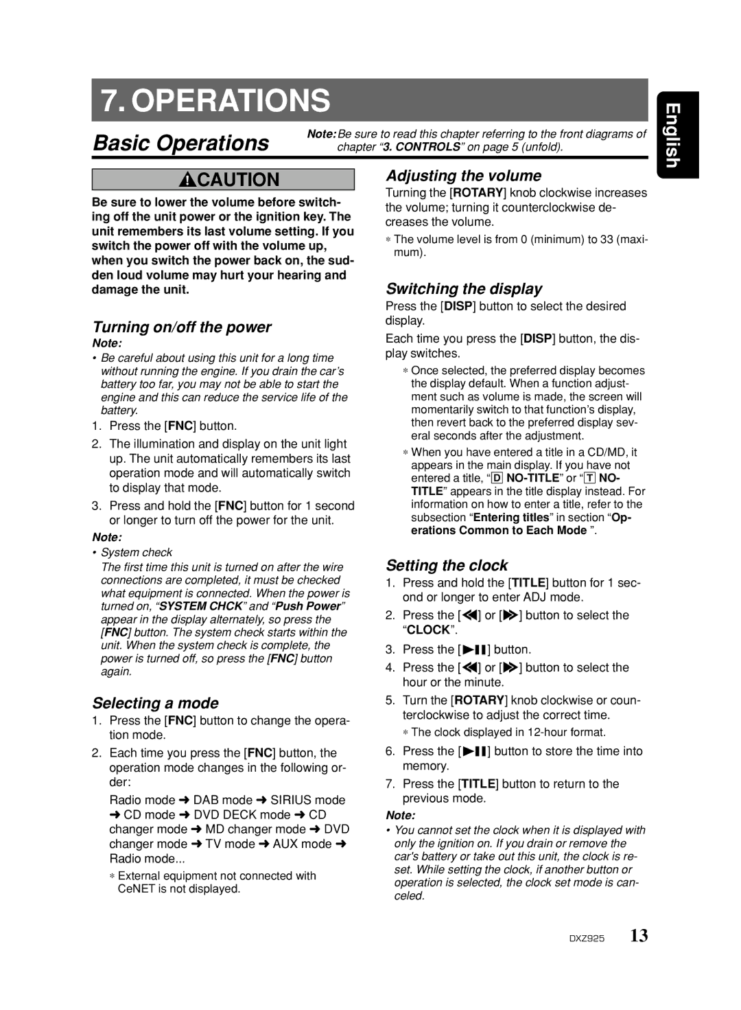 Clarion DXZ925 owner manual Basic Operations 