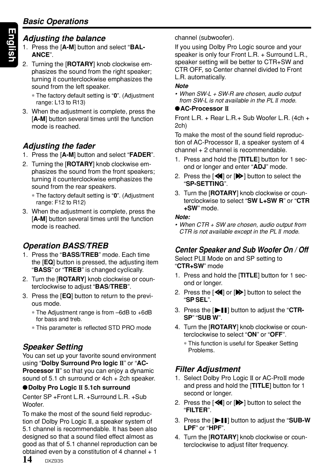 Clarion DXZ935 Basic Operations, Adjusting the balance, Adjusting the fader, Operation BASS/TREB, Speaker Setting 