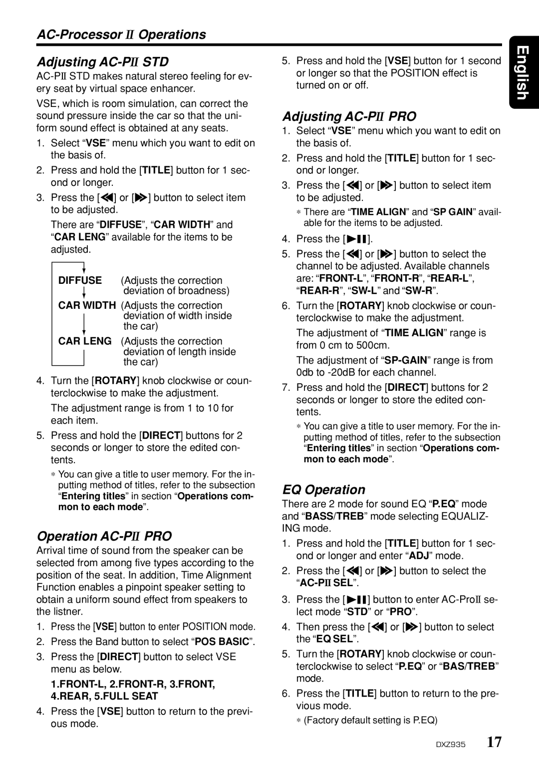 Clarion DXZ935 AC-Processor II Operations Adjusting AC-PIISTD, Operation AC-PIIPRO, Adjusting AC-PIIPRO, EQ Operation 