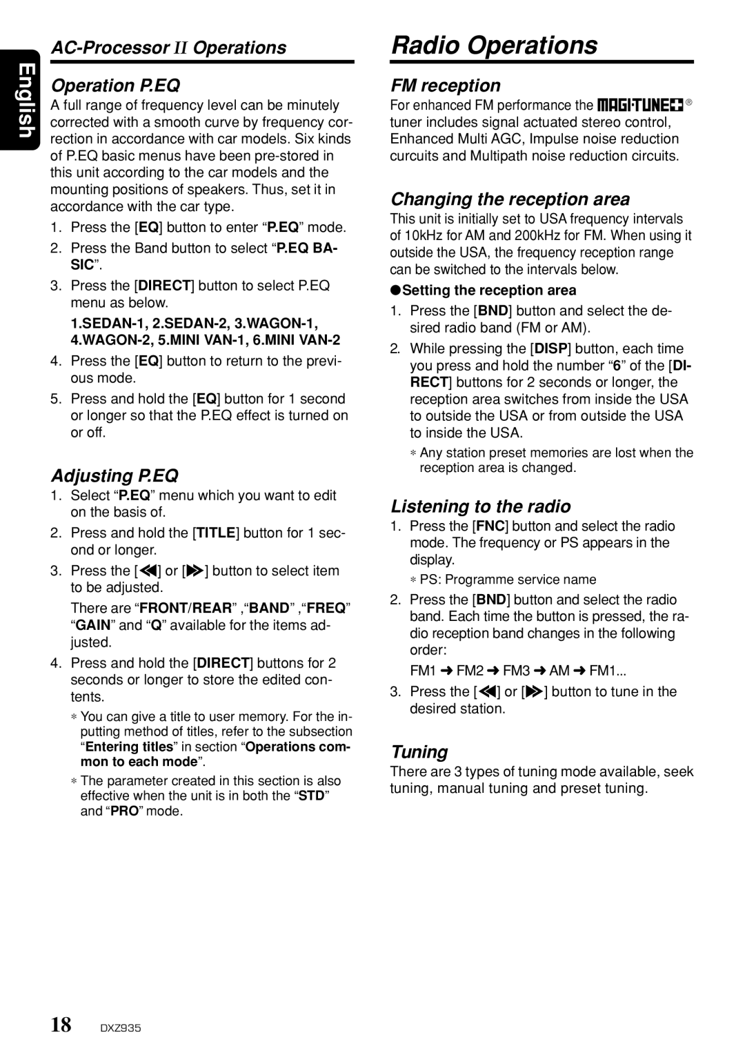 Clarion DXZ935 owner manual Radio Operations 