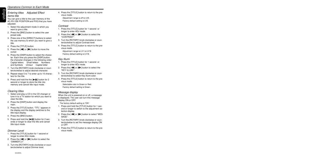 Clarion DXZ935 Operations Common to Each Mode, Entering titles-Adjusted Effect items title, Contrast, Key Illumi 