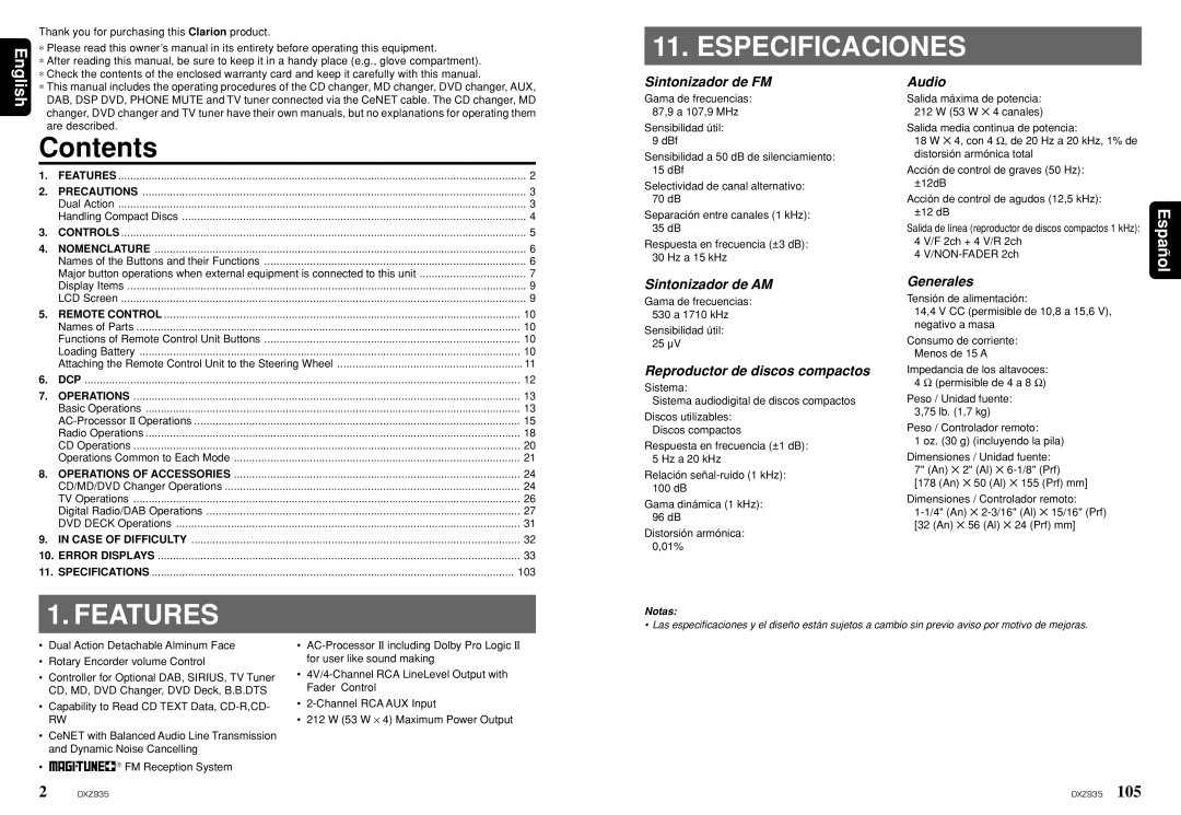 Clarion DXZ935 owner manual Especificaciones, Features 