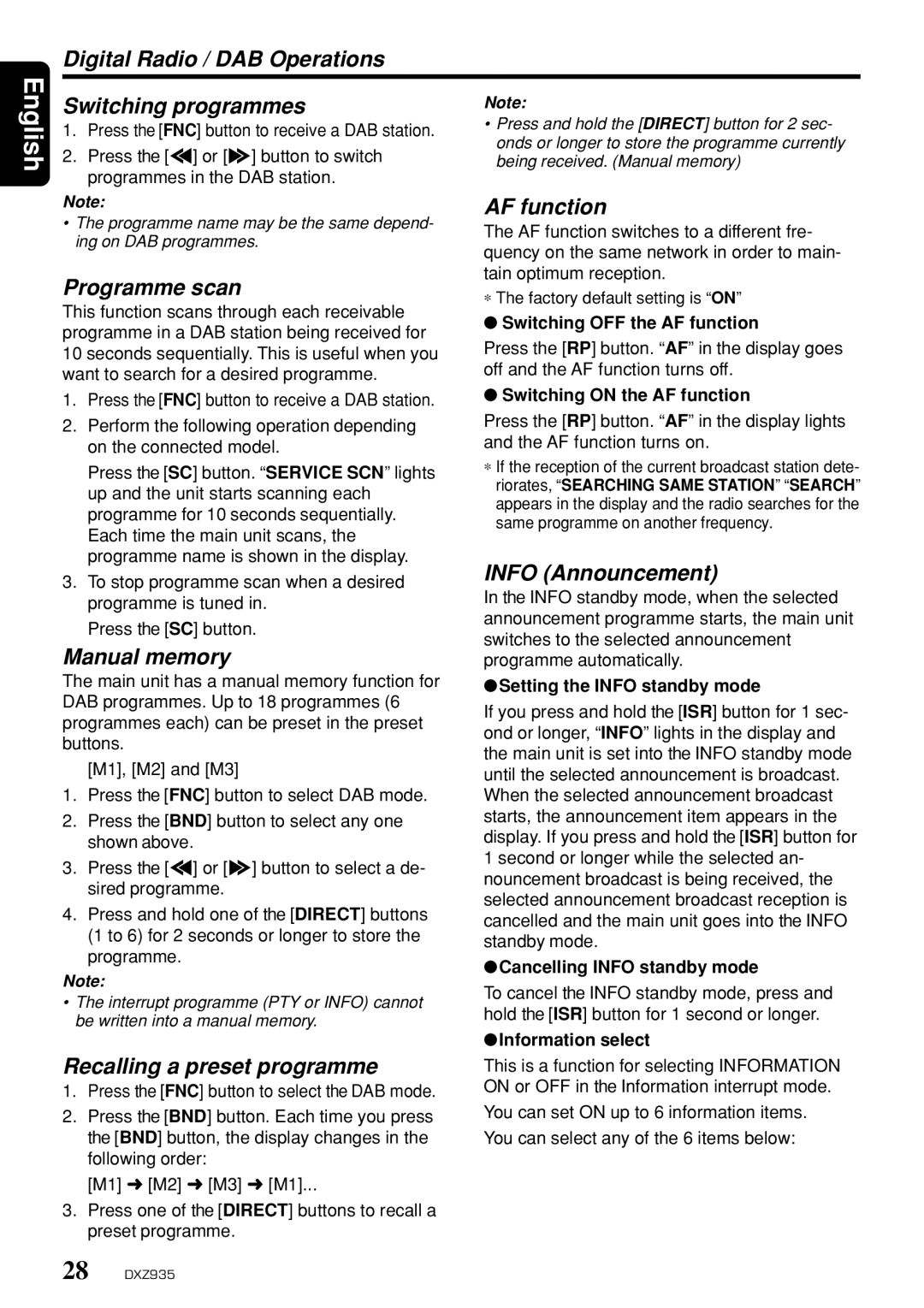 Clarion DXZ935 Digital Radio / DAB Operations Switching programmes, Programme scan, AF function, Info Announcement 