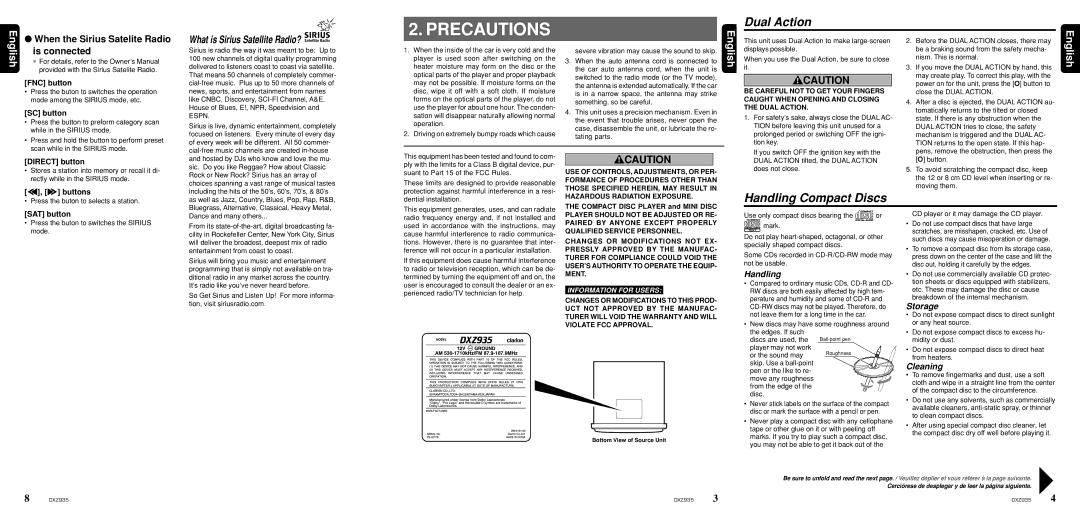 Clarion DXZ935 owner manual Precautions, Dual Action, Handling Compact Discs 