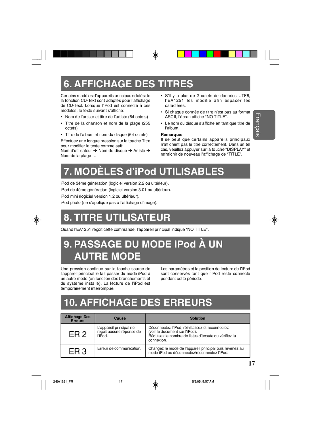 Clarion EA1251 owner manual Affichage DES Titres, Titre Utilisateur, Affichage DES Erreurs 