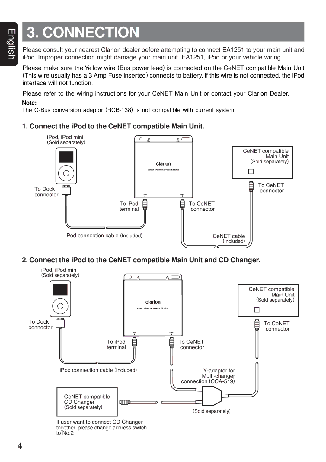 Clarion EA1251 owner manual Connection, Connect the iPod to the CeNET compatible Main Unit 