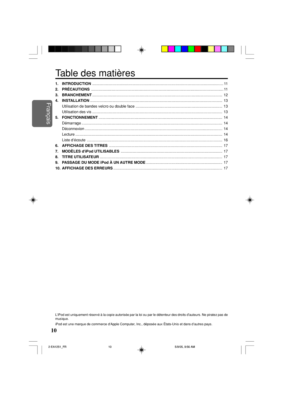 Clarion EA1251 owner manual Table des matières 