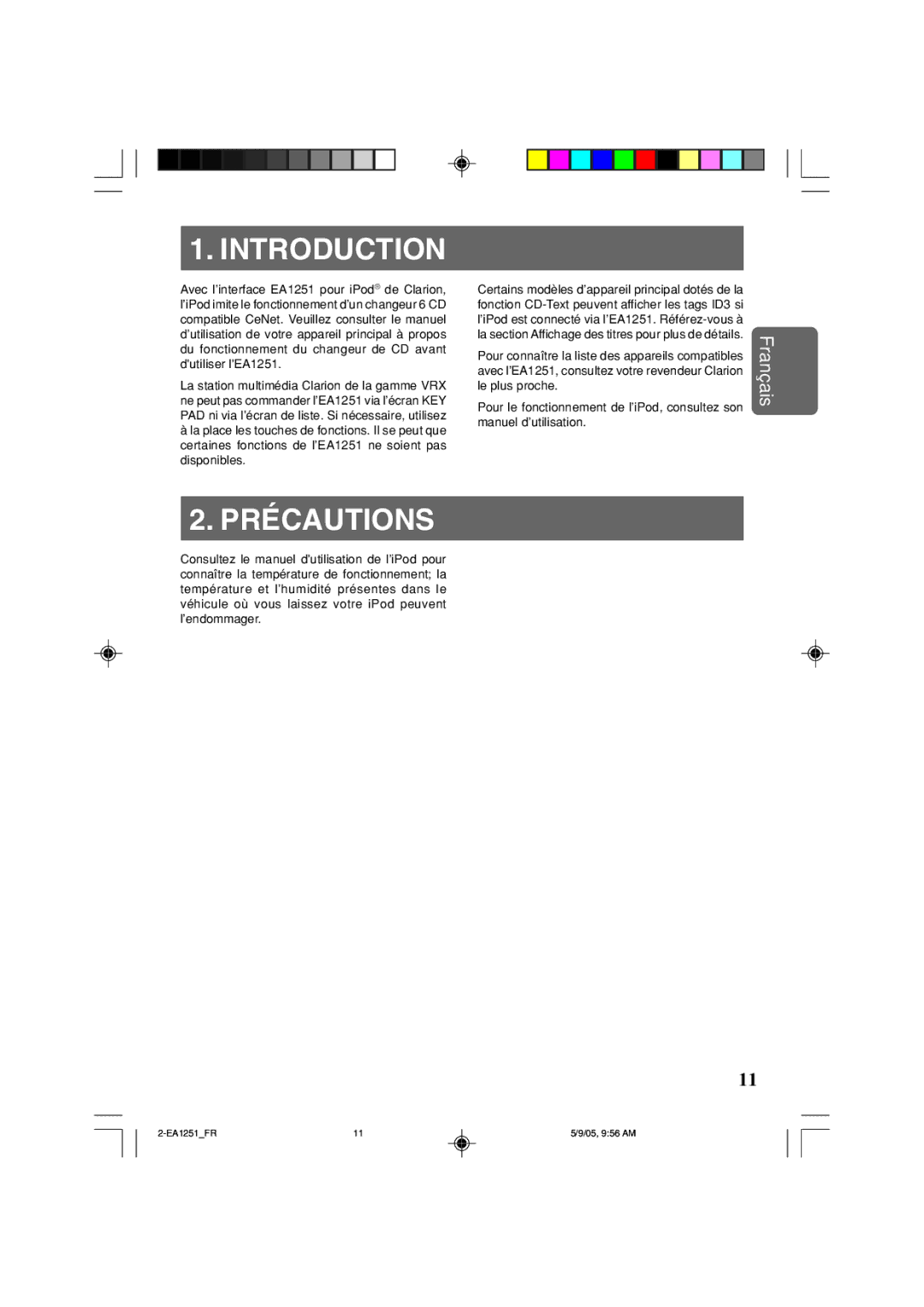 Clarion EA1251 owner manual Introduction, Précautions 