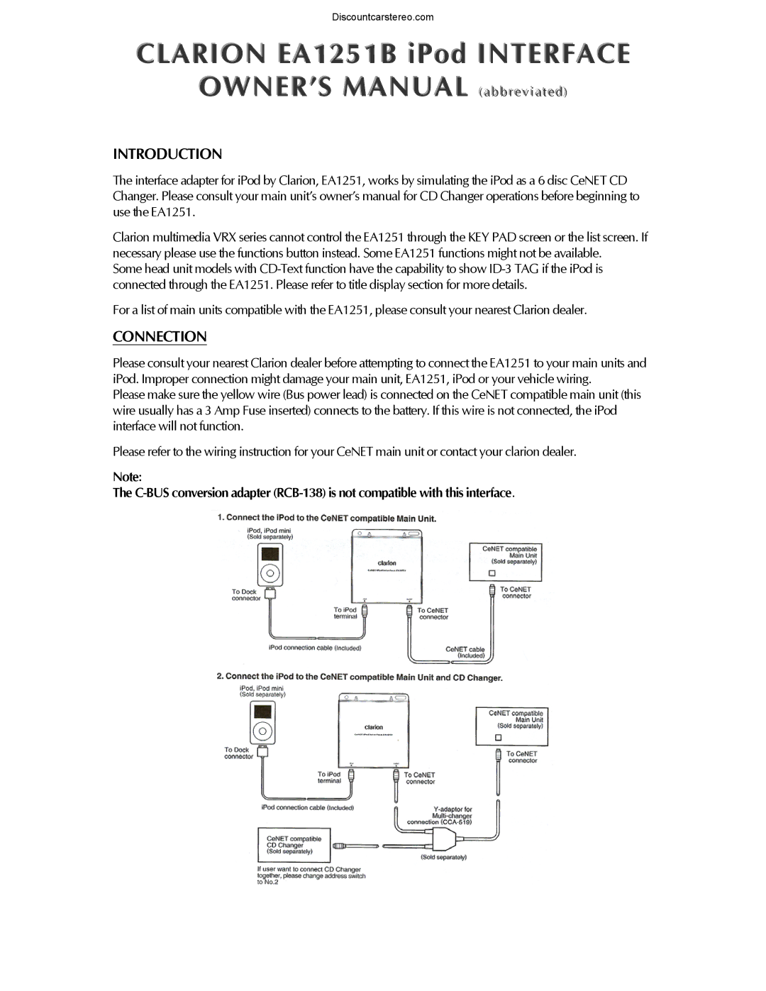 Clarion EA1251 owner manual Introduction, Connection 