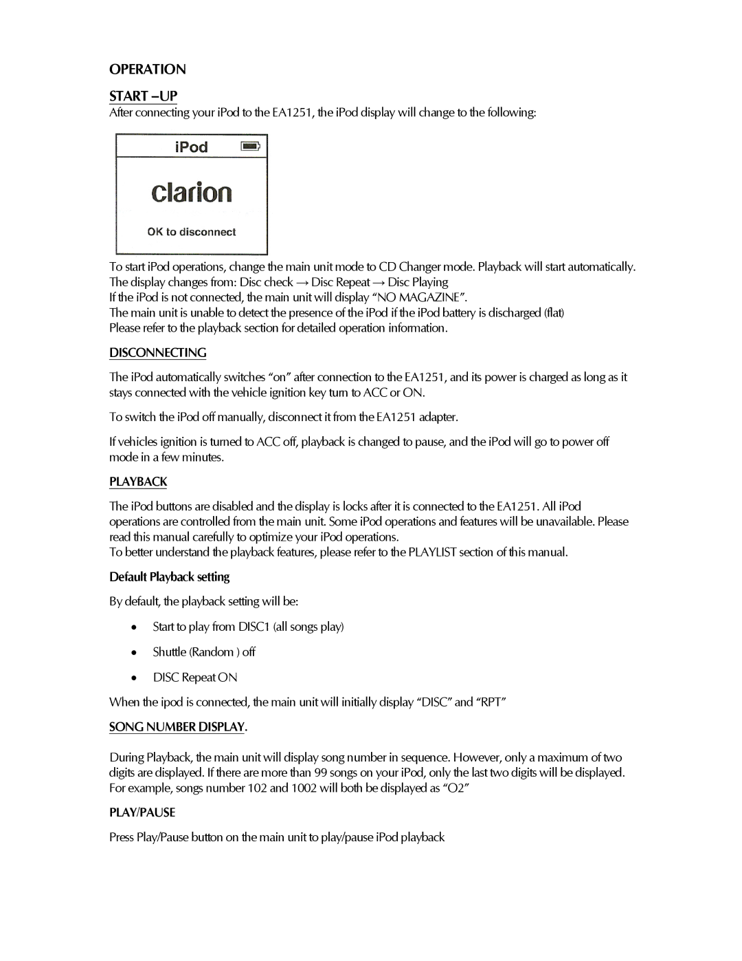 Clarion EA1251 owner manual Operation Start -UP, Disconnecting, Playback, Song Number Display, Play/Pause 