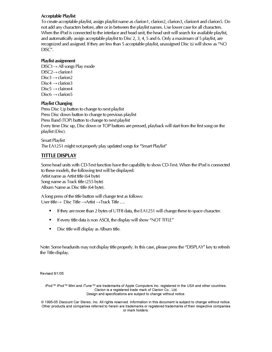 Clarion EA1251 owner manual Tittle Display, Acceptable Playlist, Playlist assignment, Playlist Changing 