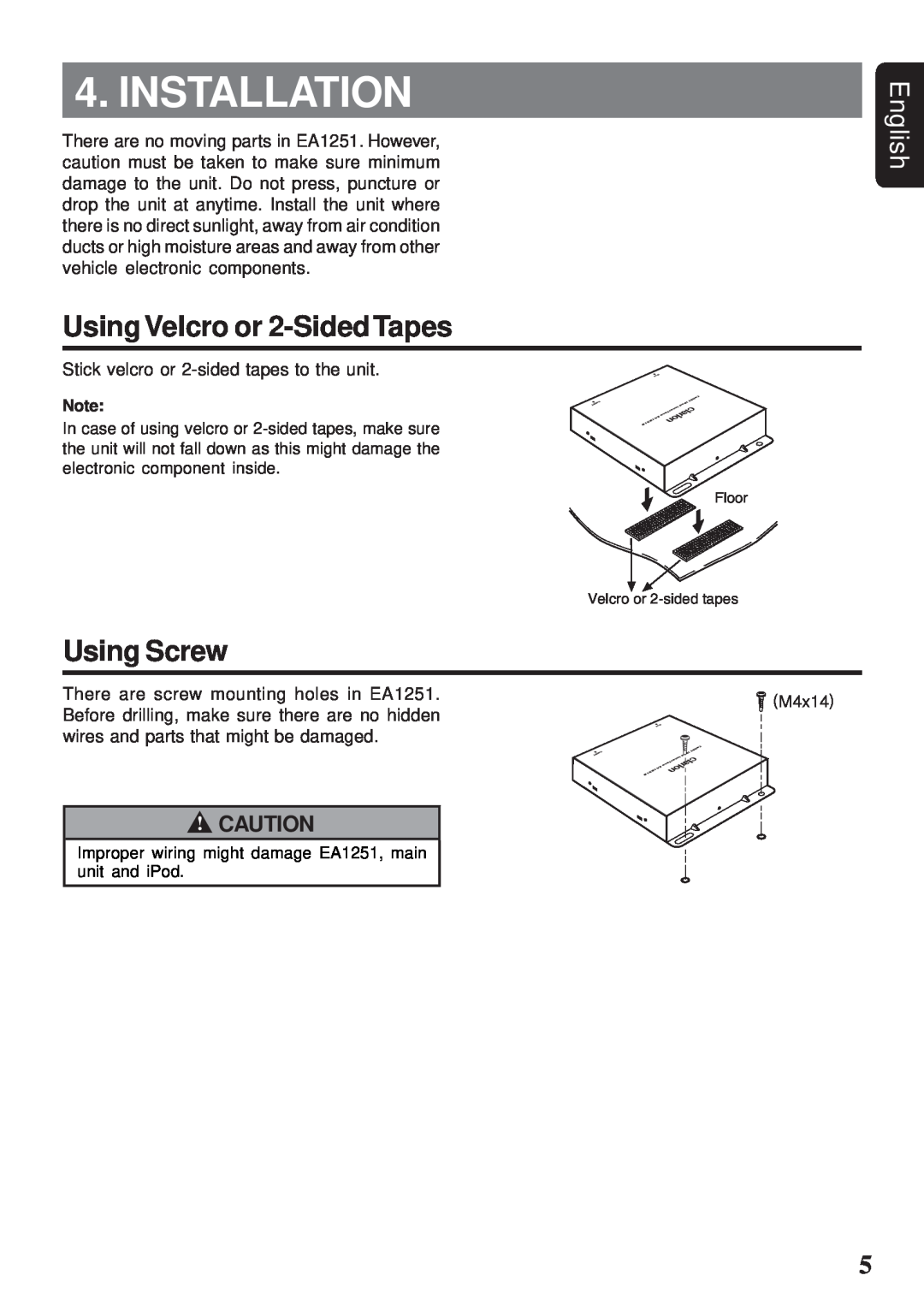 Clarion EA1251 owner manual Installation, Using Velcro or 2-SidedTapes, Using Screw, English 