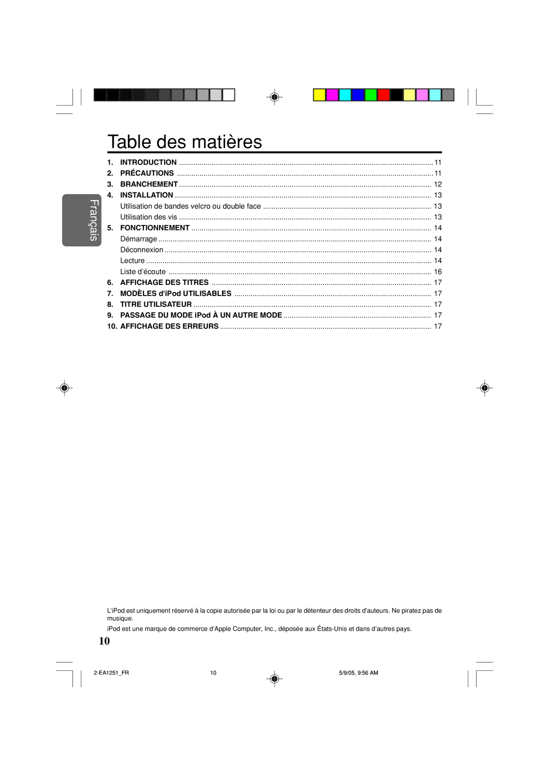 Clarion EA1251 owner manual Français, Table des matières 