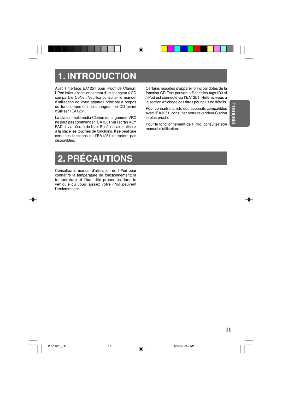 Clarion owner manual 2. PRÉCAUTIONS, Introduction, Français, 2-EA1251 FR, 5/9/05, 9 56 AM 