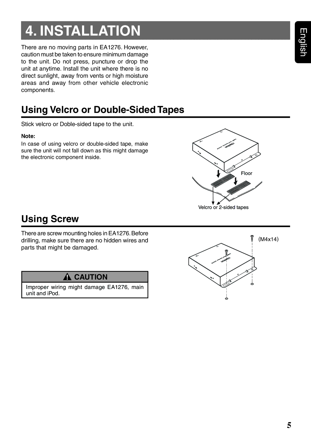 Clarion EA1276 owner manual Installation, Using Velcro or Double-Sided Tapes, Using Screw 