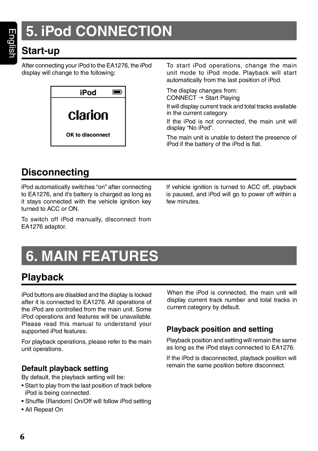 Clarion EA1276 owner manual Main Features, Start-up, Disconnecting, Playback 