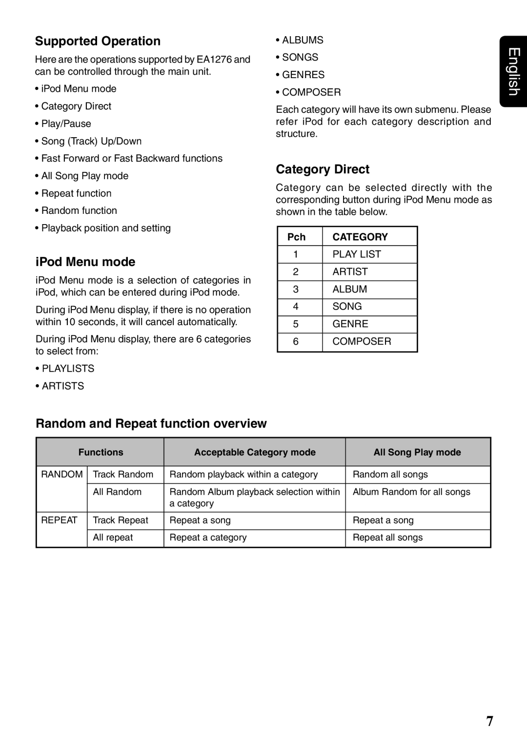 Clarion EA1276 owner manual Supported Operation, IPod Menu mode, Category Direct, Random and Repeat function overview 