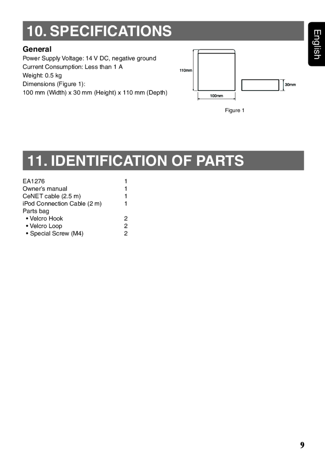 Clarion EA1276 owner manual Specifications, Identification of Parts, General 