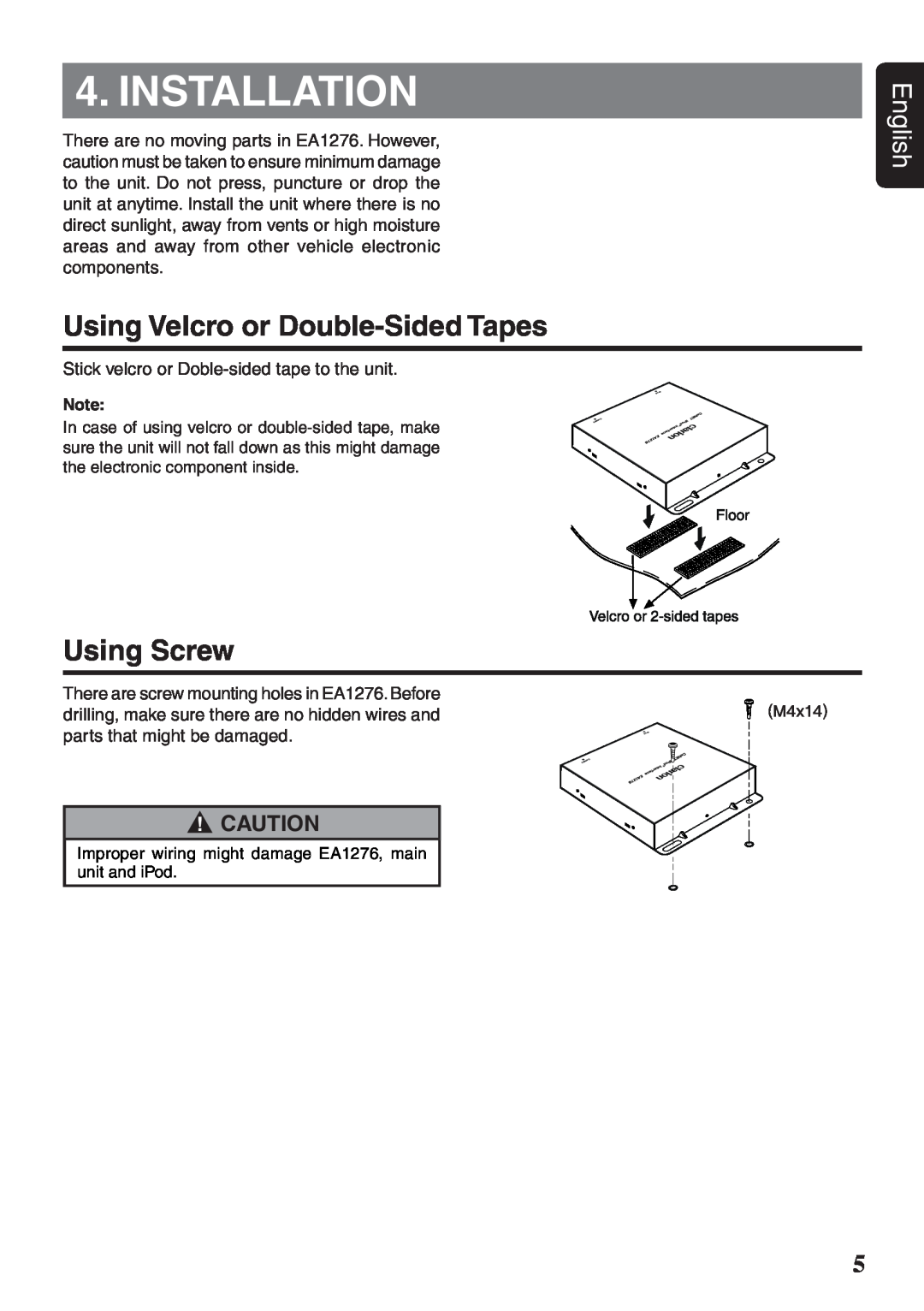 Clarion EA1276 owner manual Installation, Using Velcro or Double-SidedTapes, Using Screw, English 