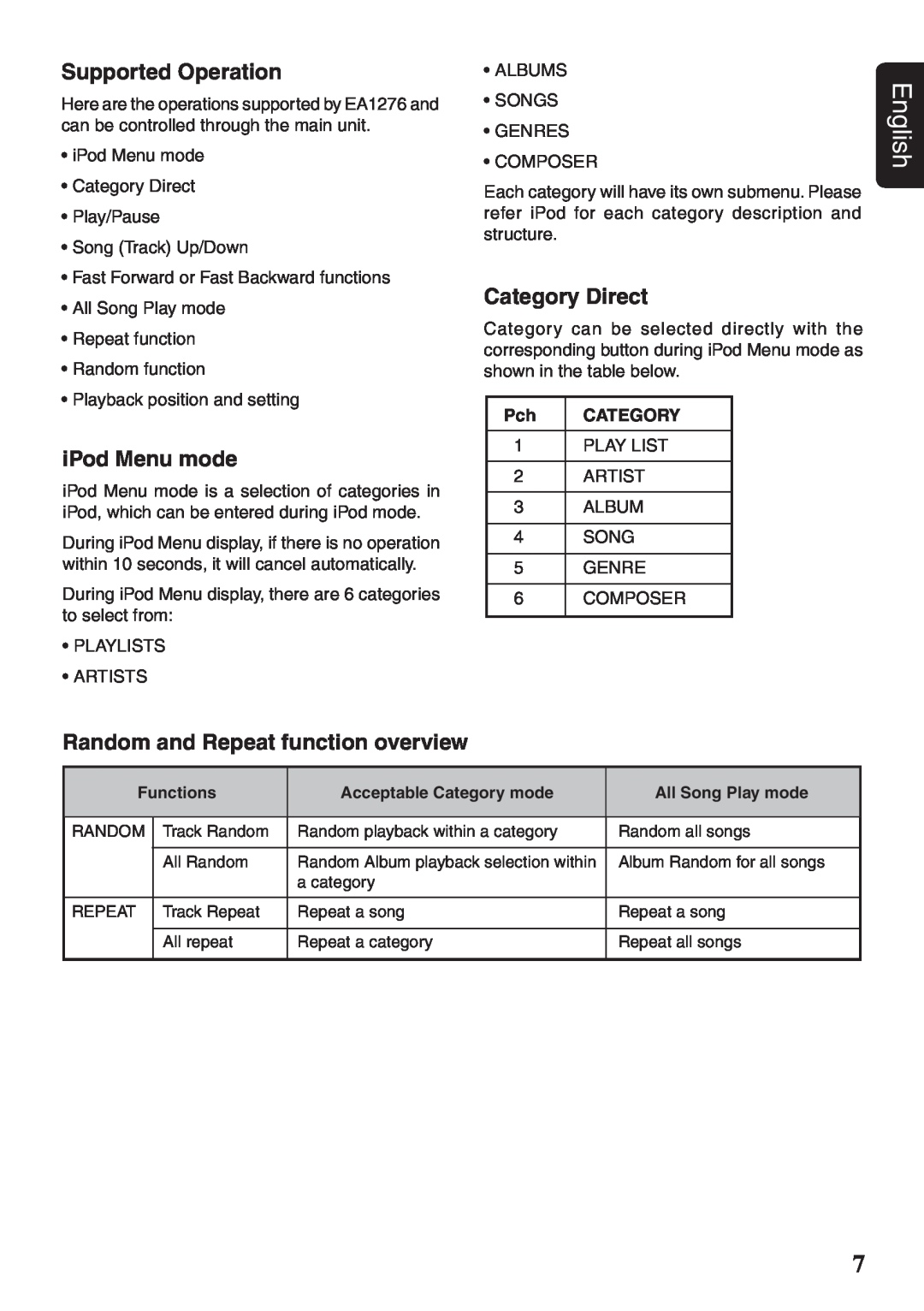 Clarion EA1276 Supported Operation, iPod Menu mode, Category Direct, Random and Repeat function overview, English 