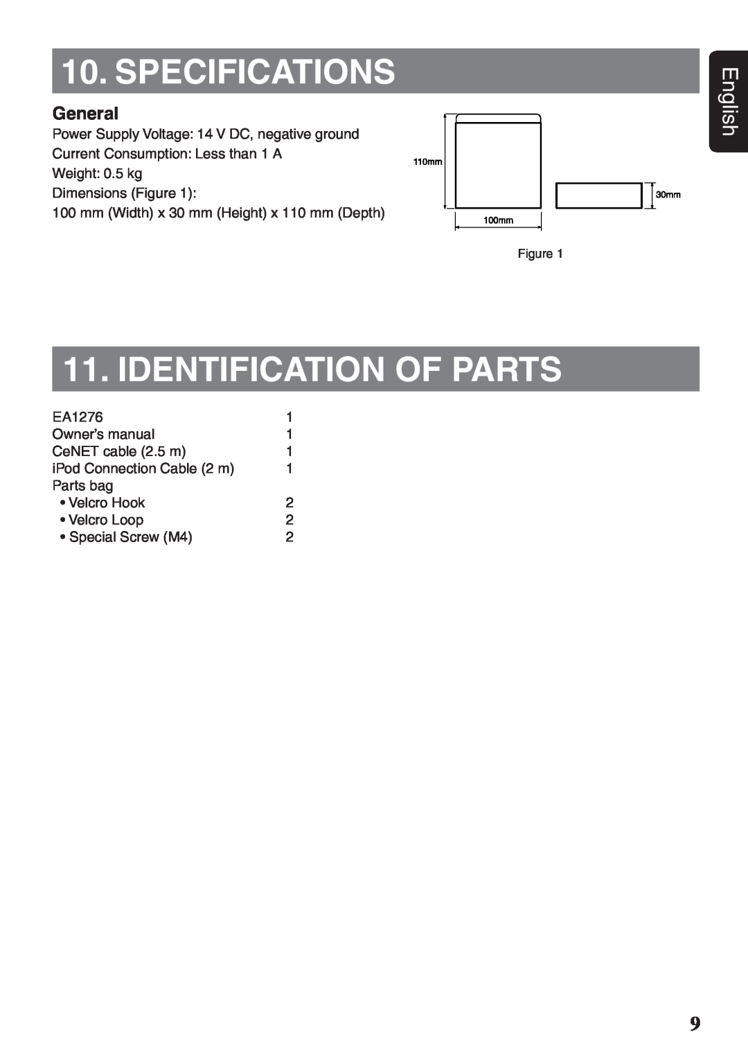 Clarion EA1276 owner manual Specifications, Identification Of Parts, General, English 