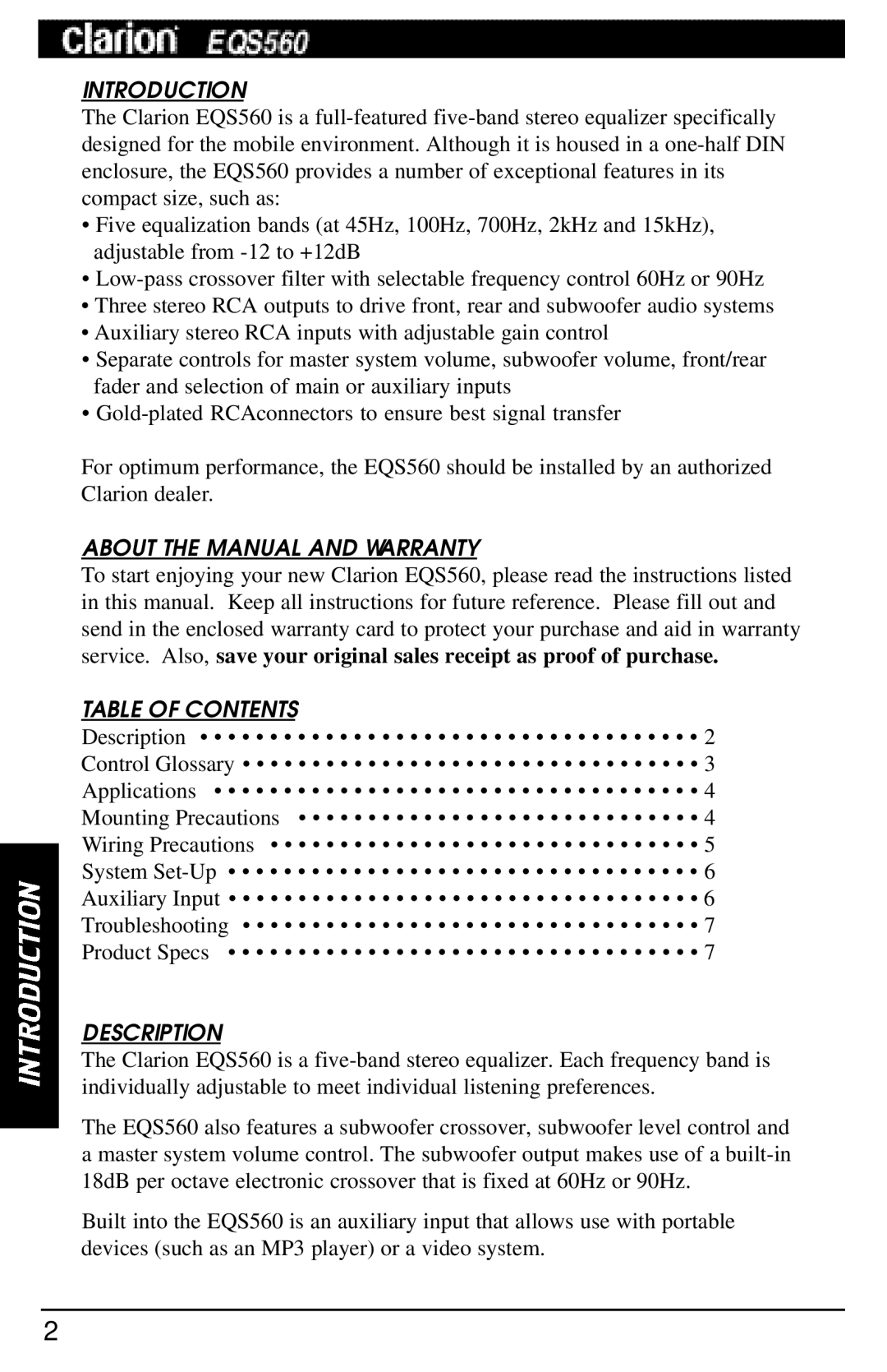 Clarion EQS560 manual Introduction, About the Manual and Warranty, Table of Contents, Description 