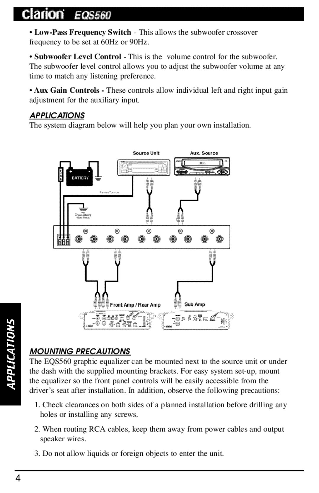 Clarion EQS560 manual Applications, Mounting Precautions 