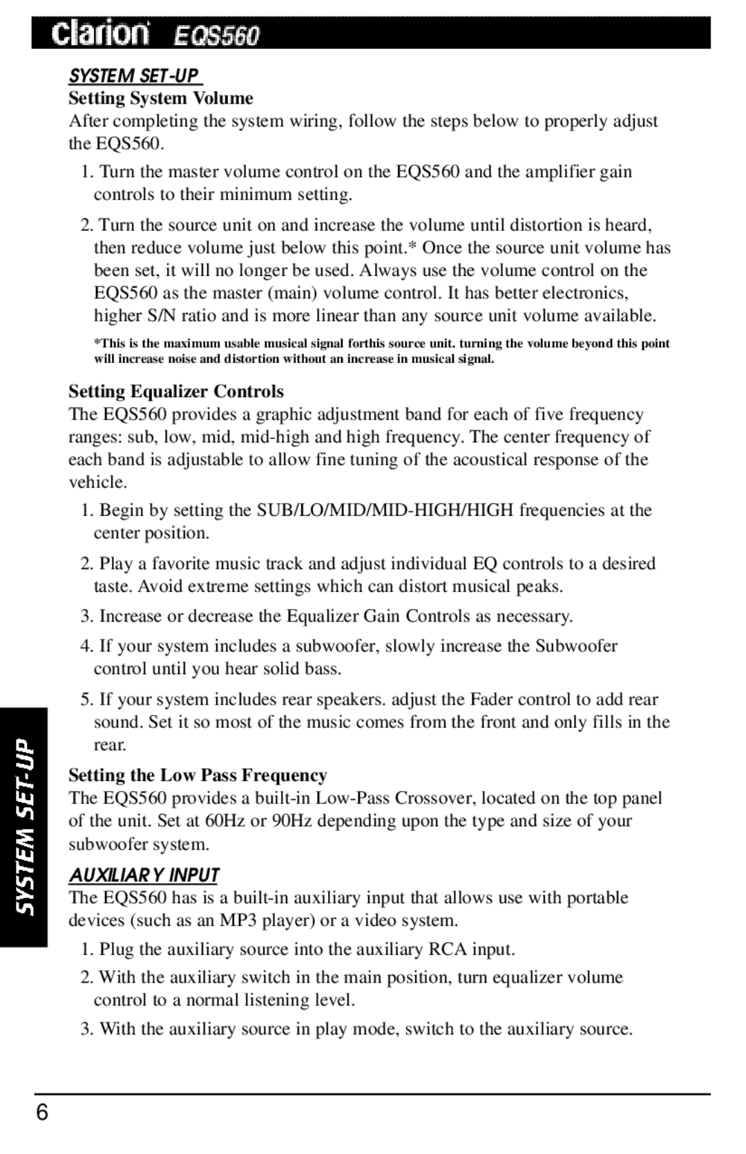 Clarion EQS560 manual System SET-UP, Auxiliary Input 