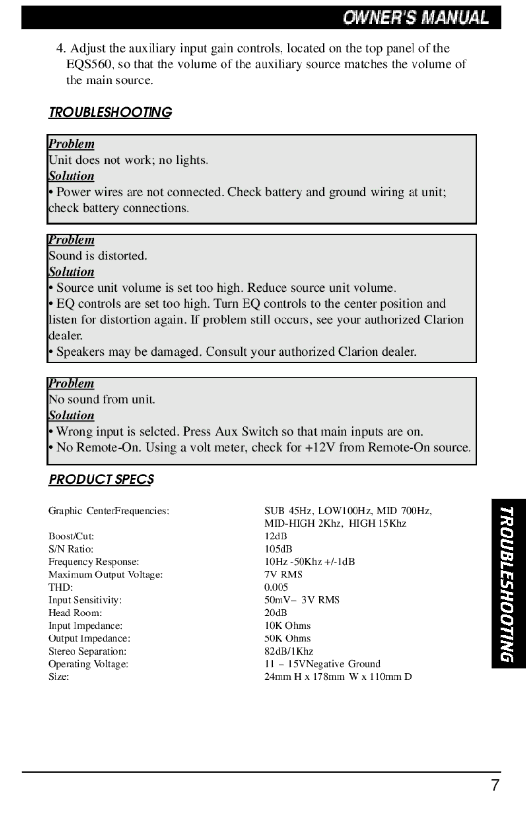 Clarion EQS560 manual Troubleshooting, Product Specs 