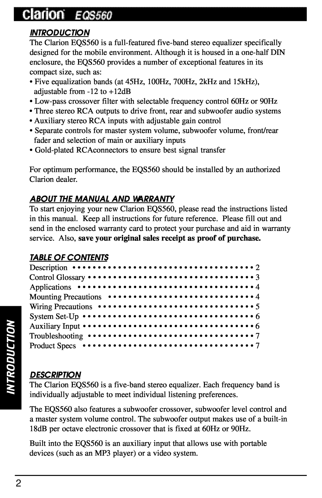 Clarion EQS560 manual Introduction, About The Manual And Warranty, Table Of Contents, Description 