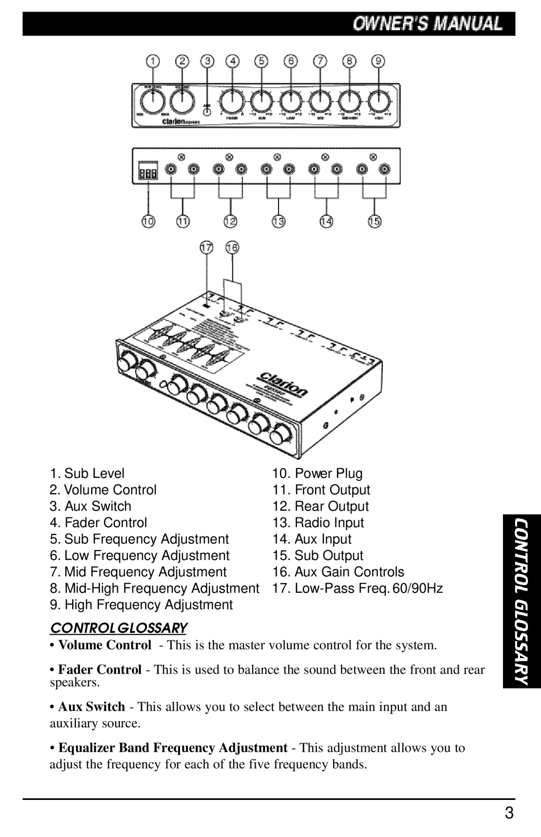 Clarion EQS560 manual Control Glossary 