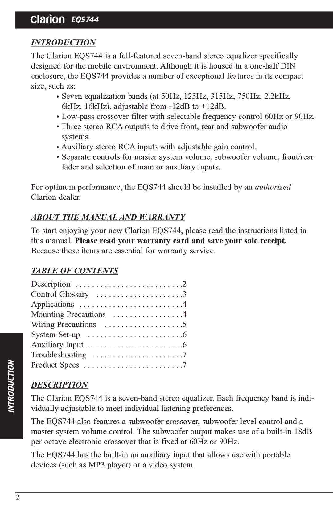 Clarion EQS744 manual Introduction, About the Manual and Warranty, Table of Contents, Description 