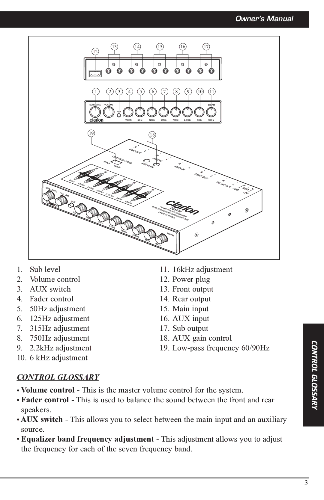 Clarion EQS744 manual Control Glossary 